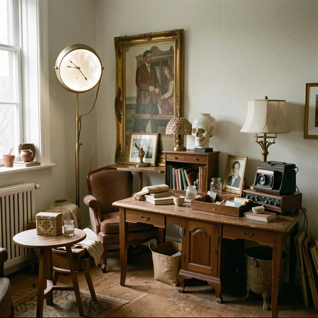 Vintage photography props arranged in artistic display